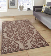 Traditional wool rug with embossed damask design in beige and brown